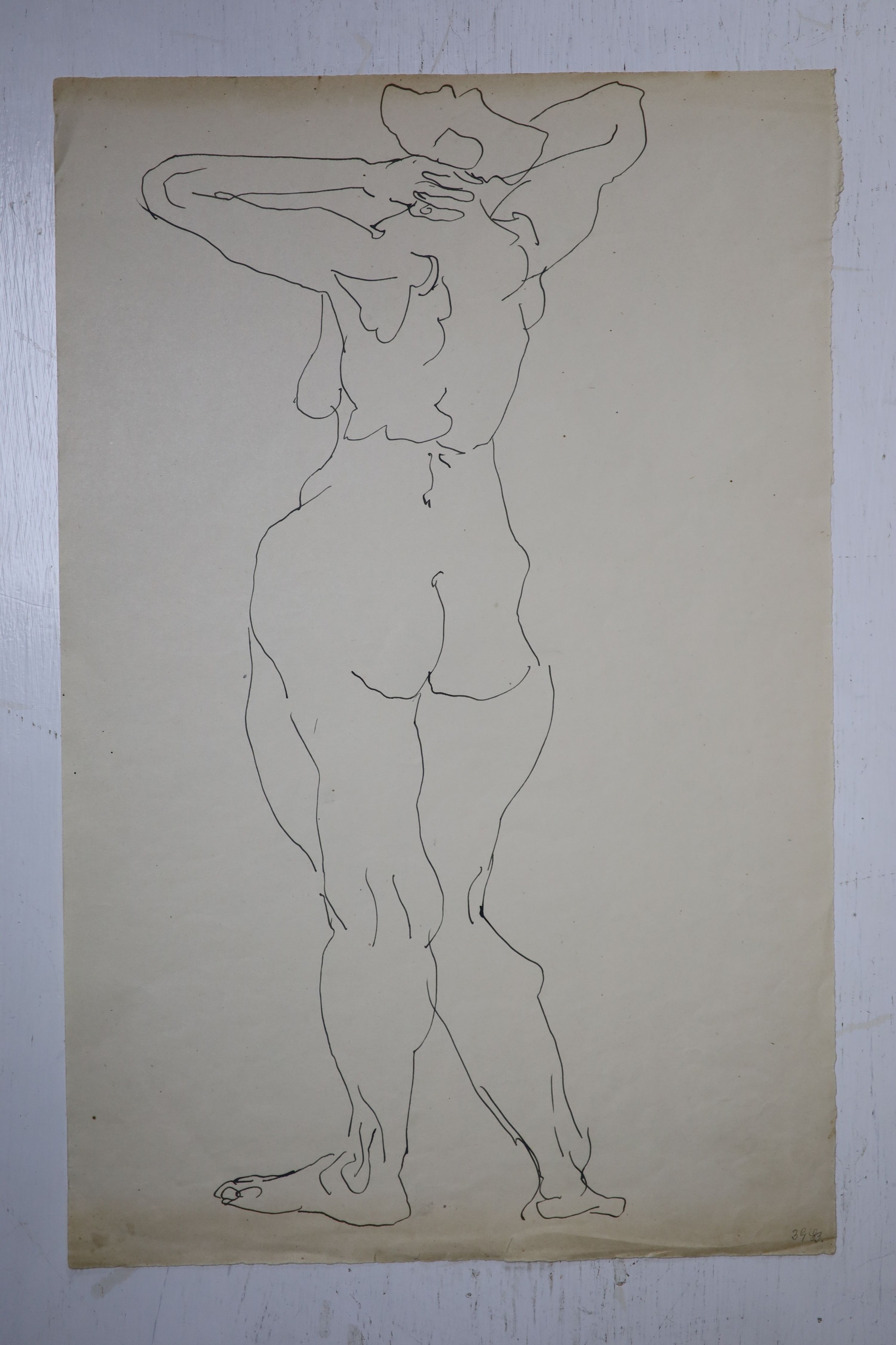 Henri Gaudier-Brzeska (1891-1915), Standing figure, hands on head, circa 1913, blue black ink and pen on paper, 38.6 x 25cm
